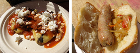Primavera and Fatted Calf Tlacoyos from Primavera (left) and a sausage and pepper sandwich from Fatted Calf.